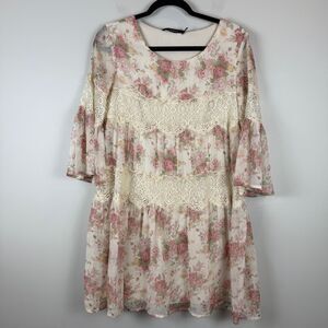 Ark & Co Floral Dress Women Small Ivory Pink Lace Bell Sleeve Feminine Coquette